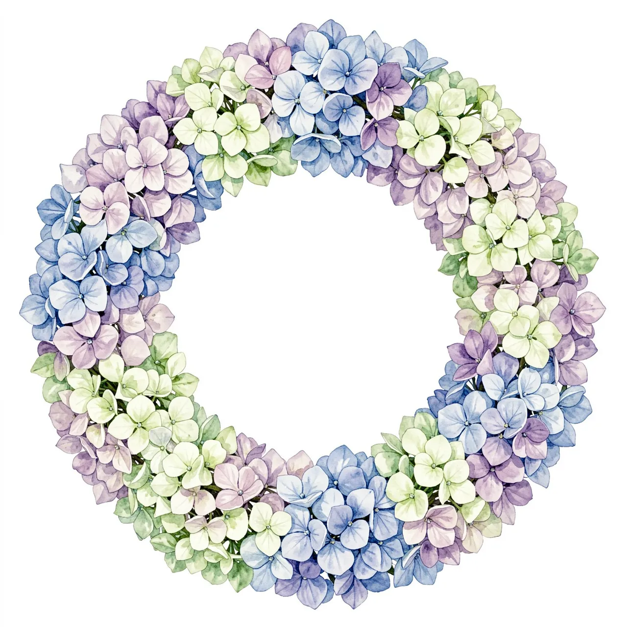 Lush circular hydrangea wreath painted in soft watercolor against a plain white background