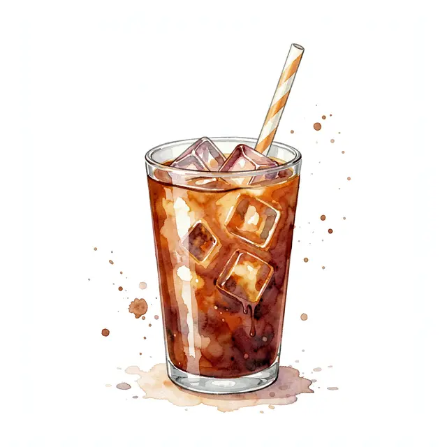 A watercolor illustration of a tall glass of iced coffee with ice cubes, a striped straw, and loose paint splashes on a