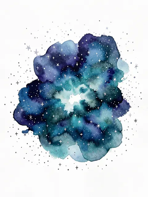 Ink wash nebula with indigo, teal, and silver star flecks on a plain white paper background