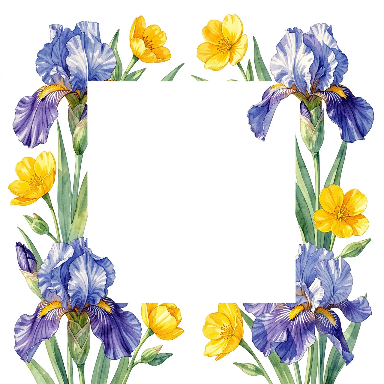 Watercolor floral border of blue bearded irises and yellow buttercups frames an empty white center square
