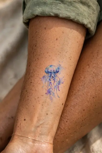 Close-up of a small soft blue and violet watercolor jellyfish tattoo on a person's forearm