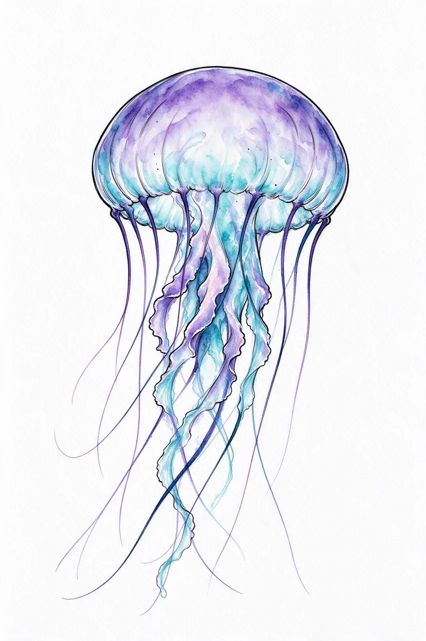 Watercolor illustration of a jellyfish with long trailing tentacles outlined in fine black linework on a plain white