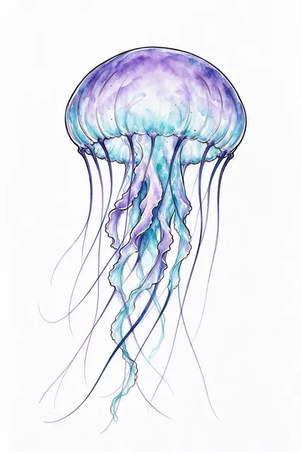 Watercolor illustration of a jellyfish with long trailing tentacles outlined in fine black linework on a plain white