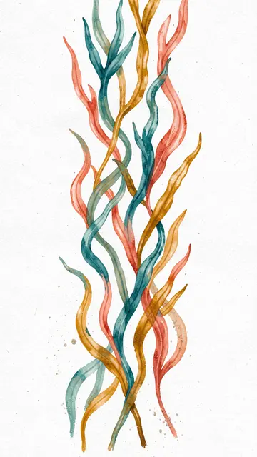 Hand-painted swaying seaweed ribbons in teal, coral, and ochre on a textured white background