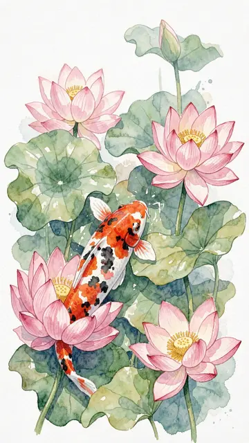 A watercolor illustration shows a patterned koi fish swimming among blooming pink lotus flowers and green lily pads.