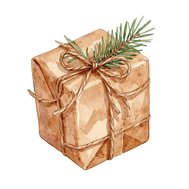A watercolor illustration of a gift wrapped in brown kraft paper with twine and a pine sprig, isolated on a white background.