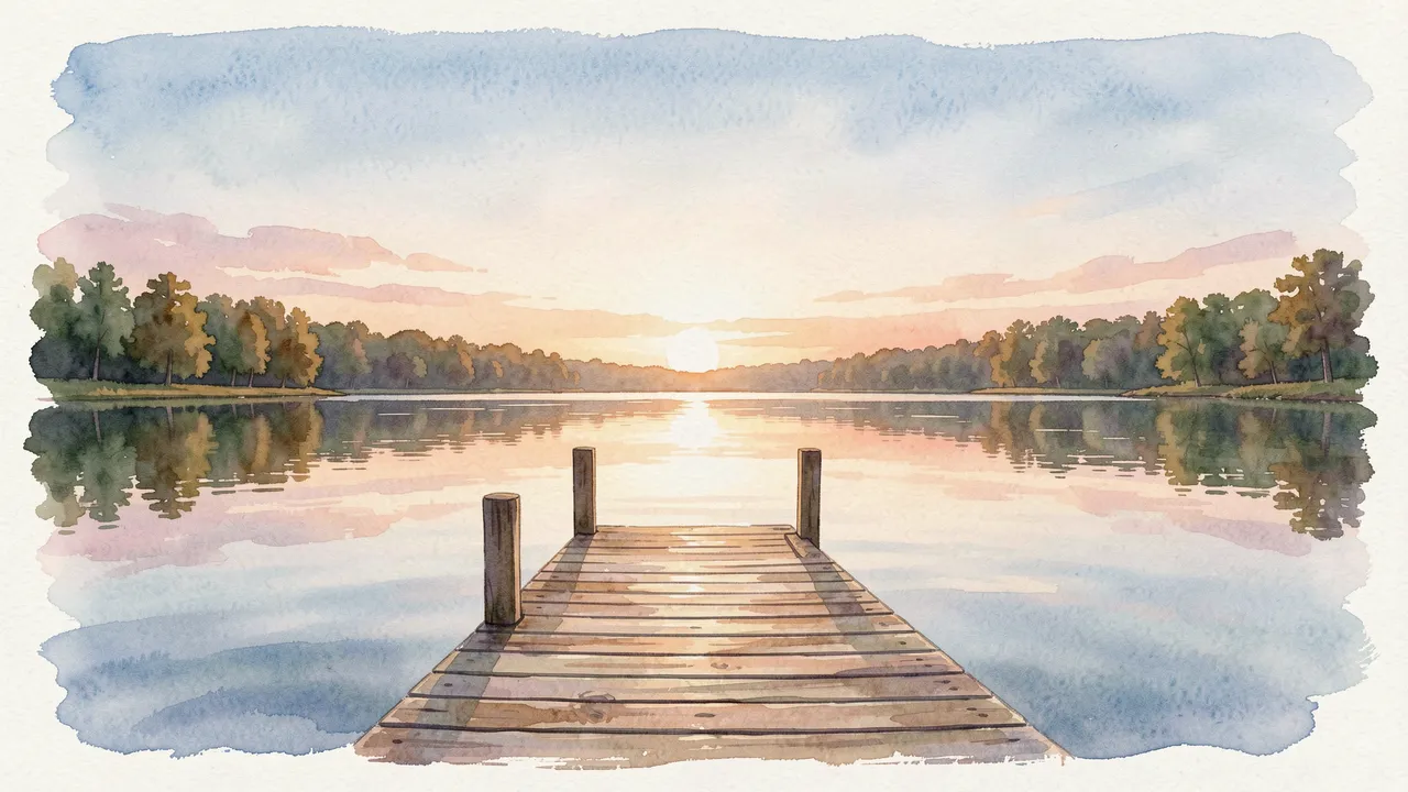 Watercolor illustration of a wooden lake dock stretching out over calm water at soft dawn
