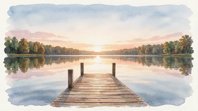 Watercolor illustration of a wooden lake dock stretching out over calm water at soft dawn