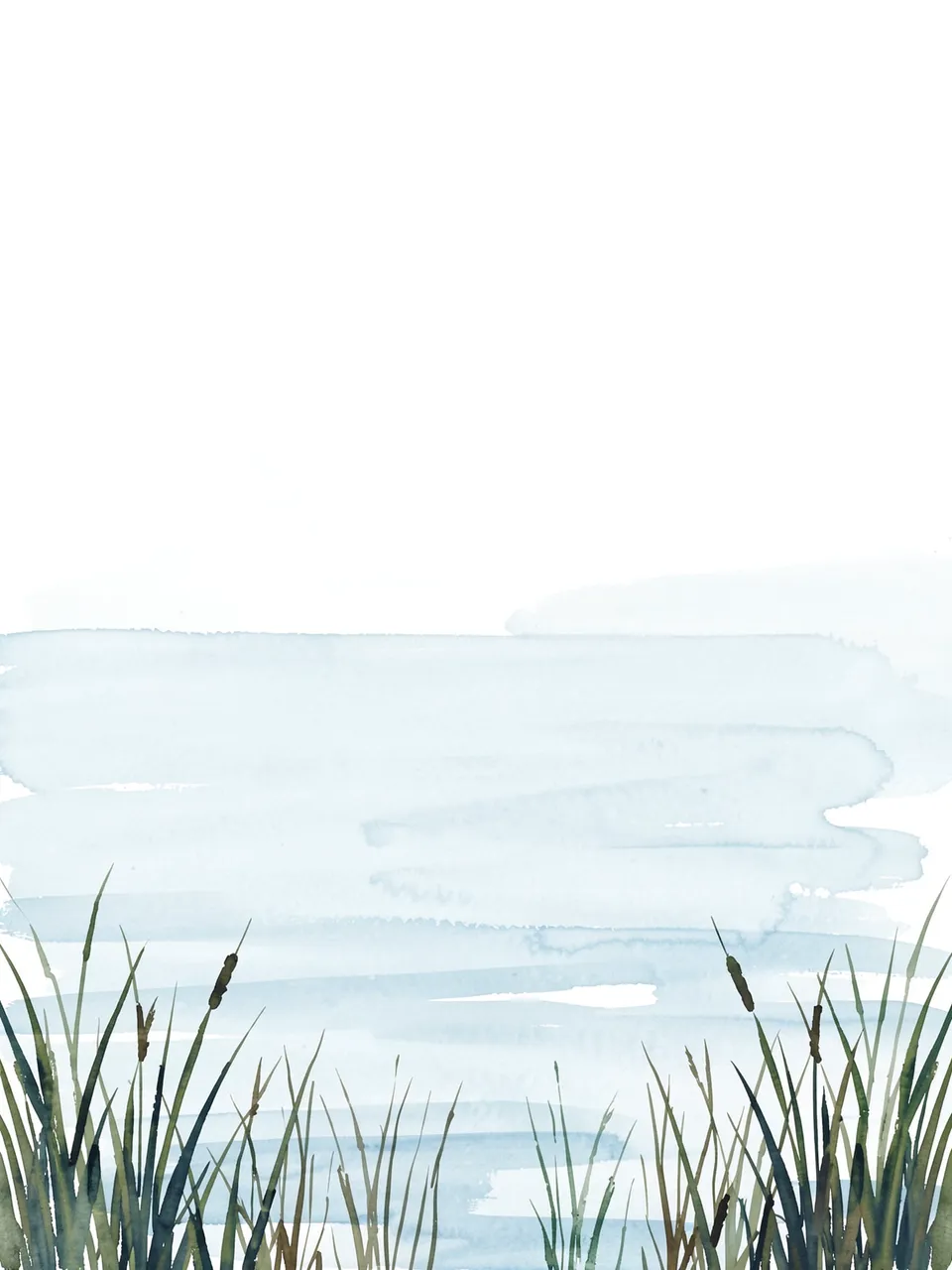 Soft pale blue watercolor lake with green reeds along the bottom and empty white space above