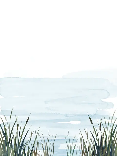 Soft pale blue watercolor lake with green reeds along the bottom and empty white space above
