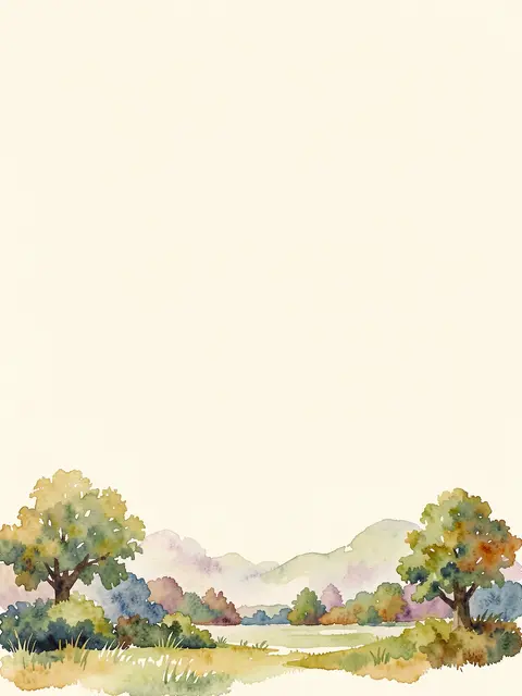 A tall cream paper background with a soft watercolor landscape strip along the bottom and empty copy space above