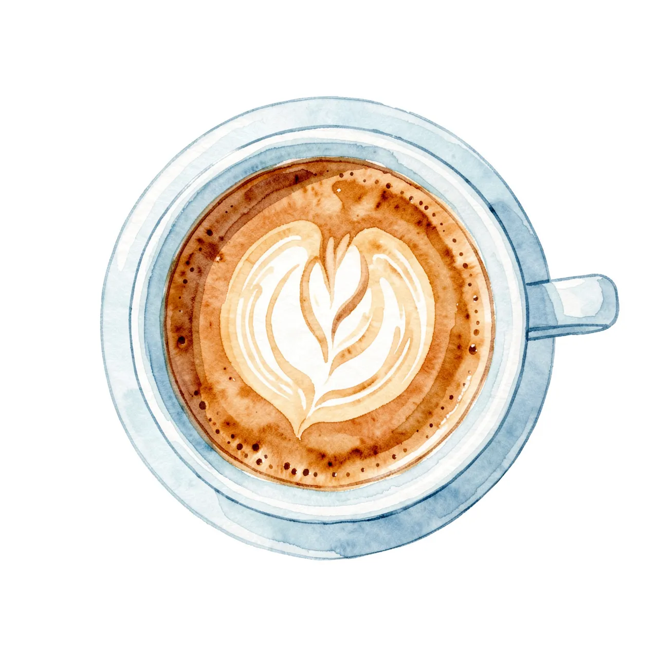 Top-down view of a pale blue coffee cup with leaf latte art on a plain white background