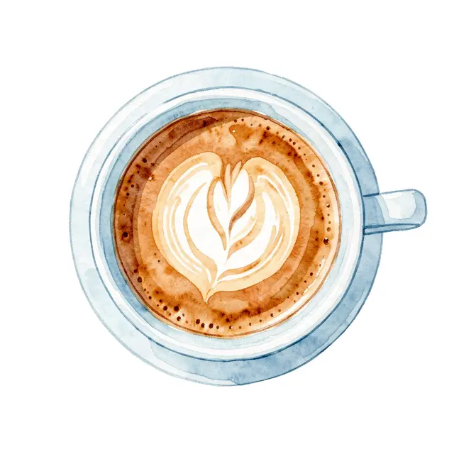 Top-down view of a pale blue coffee cup with leaf latte art on a plain white background