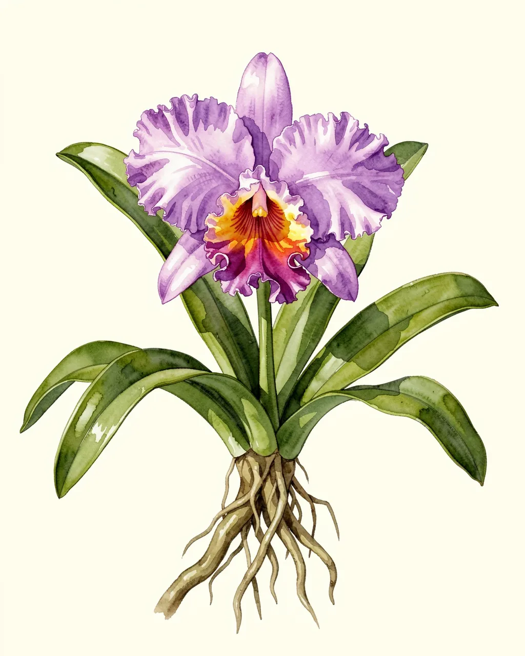 Watercolor illustration of a ruffled lavender cattleya orchid with thick green leaves and roots on an ivory background