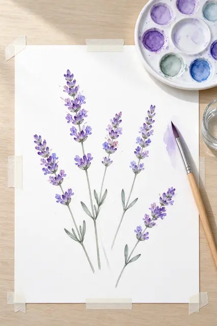 Overhead view of a watercolor lavender sketch taped to a wooden desk beside a paint palette and brush