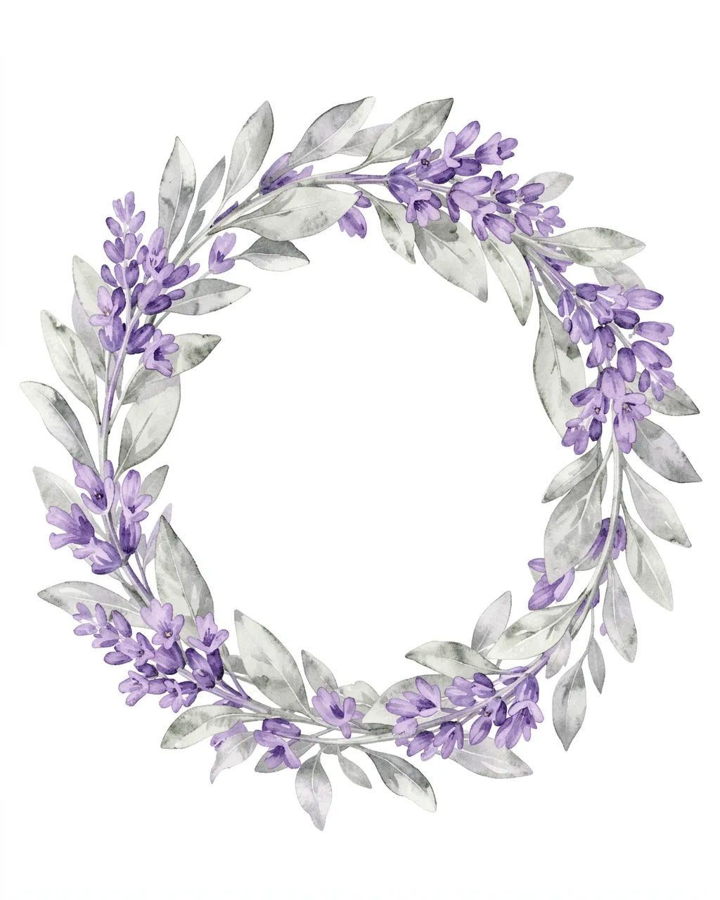 A circular watercolor wreath of lavender flowers and silver sage leaves sits against a plain white background with an empty