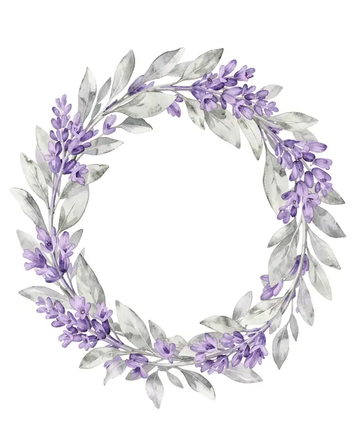 A circular watercolor wreath of lavender flowers and silver sage leaves sits against a plain white background with an empty