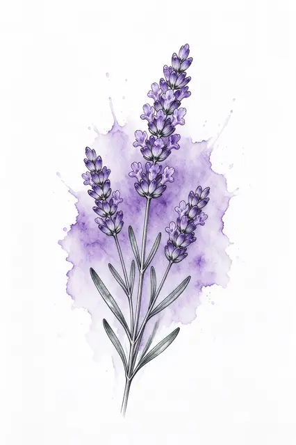 Detailed ink and watercolor lavender sprig over a soft purple splash on white paper