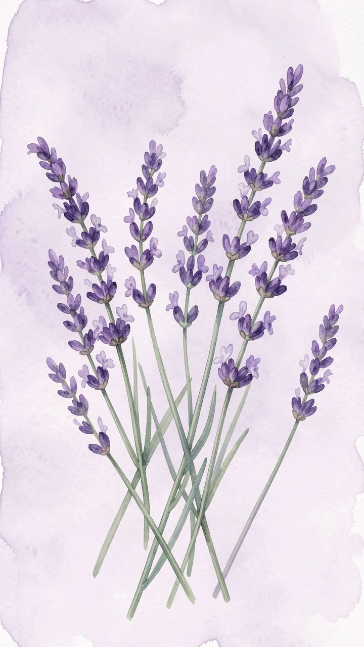Hand-painted leaning lavender stems arranged on a soft pale lilac watercolor wash background