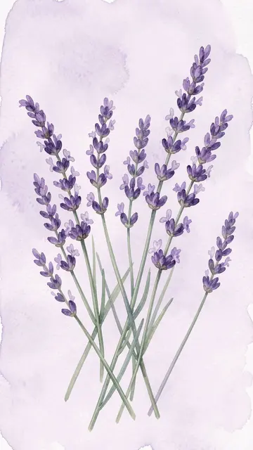 Hand-painted leaning lavender stems arranged on a soft pale lilac watercolor wash background