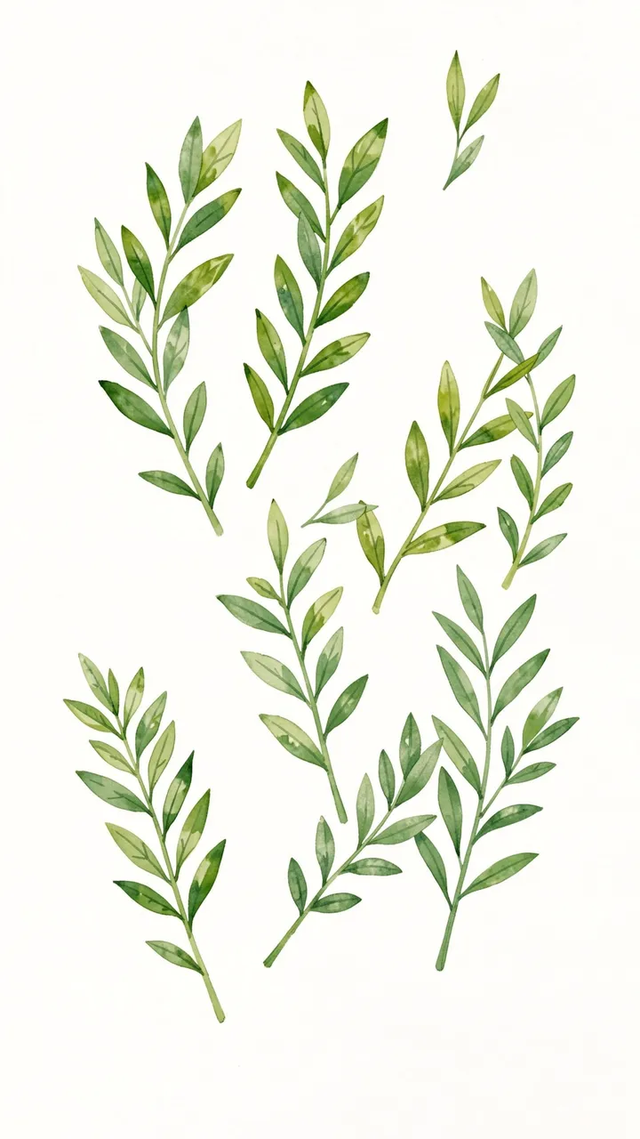 Loosely scattered hand-painted green leafy sprigs arranged on a warm off-white background