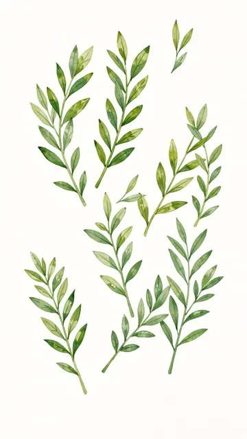 Loosely scattered hand-painted green leafy sprigs arranged on a warm off-white background