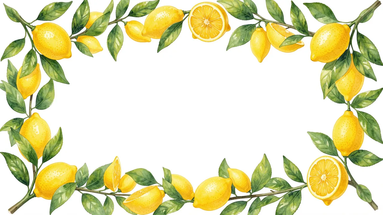 A watercolor illustration frame of lemon branches, fruit, and leaves surrounding a blank white center.