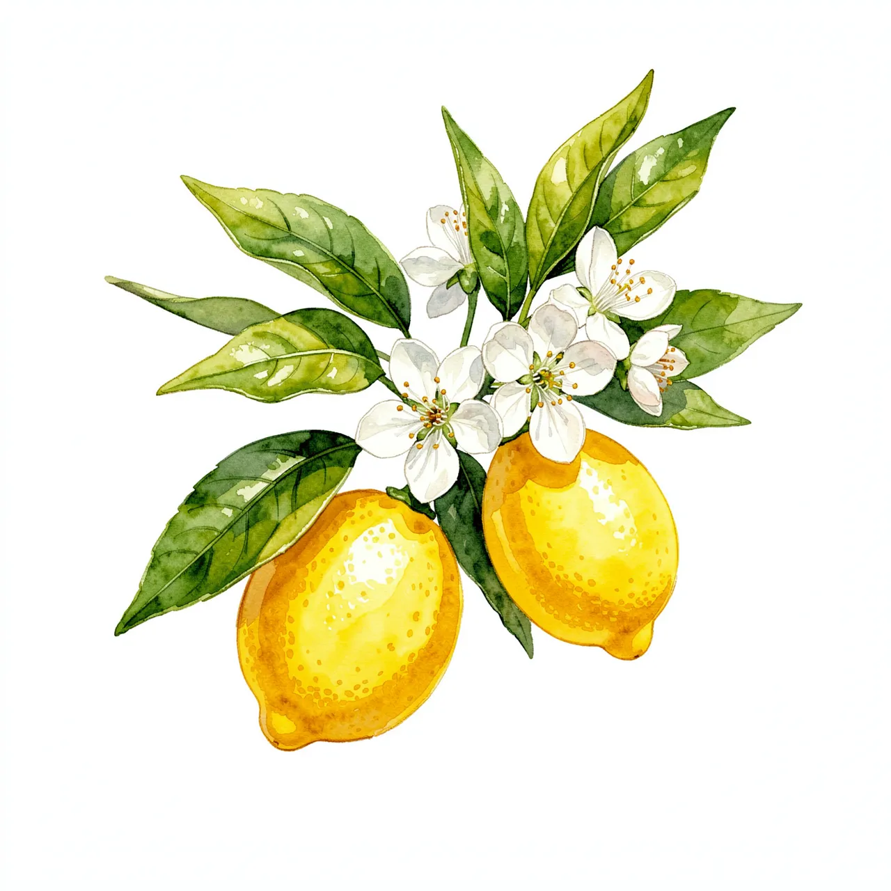 Watercolor illustration of a lemon branch with ripe fruit, green leaves and white blossoms on a plain white background