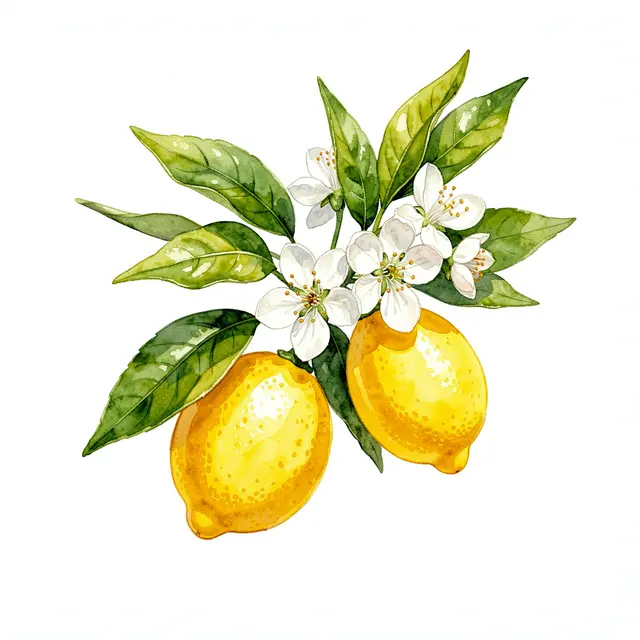 Watercolor illustration of a lemon branch with ripe fruit, green leaves and white blossoms on a plain white background