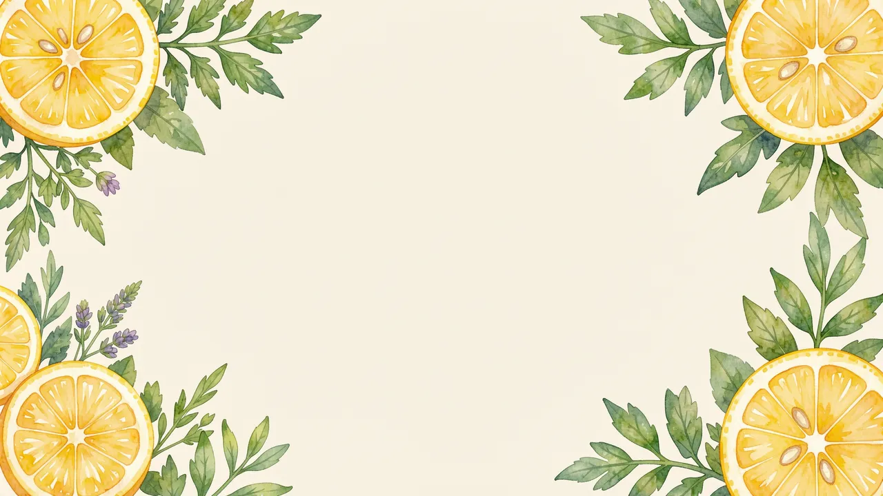 Watercolor lemon slices and herb sprigs frame an empty pale cream center background
