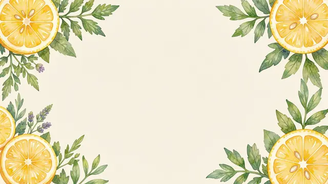 Watercolor lemon slices and herb sprigs frame an empty pale cream center background