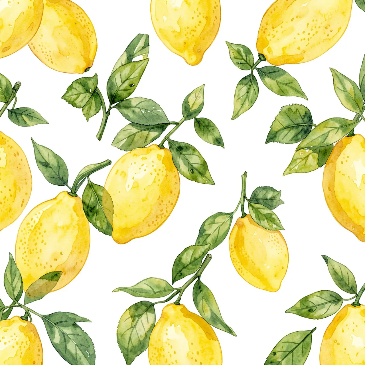 Seamless repeating watercolor pattern of yellow lemons and green leaves on a plain white background