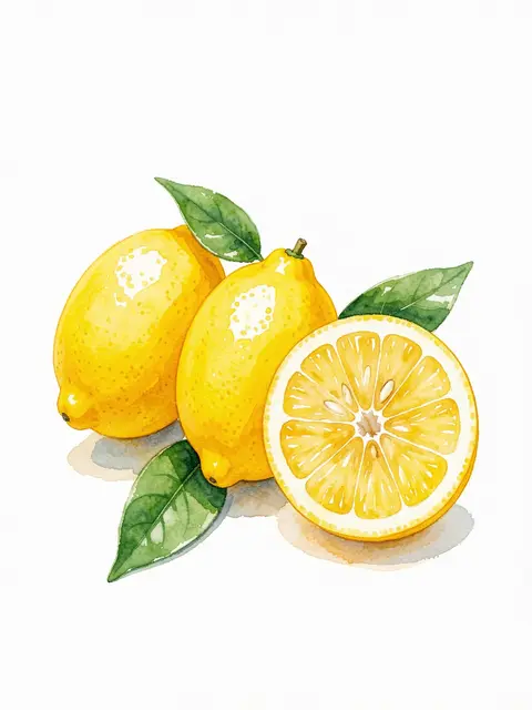 Watercolor illustration of two whole lemons, one halved lemon, and green leaves on plain white paper