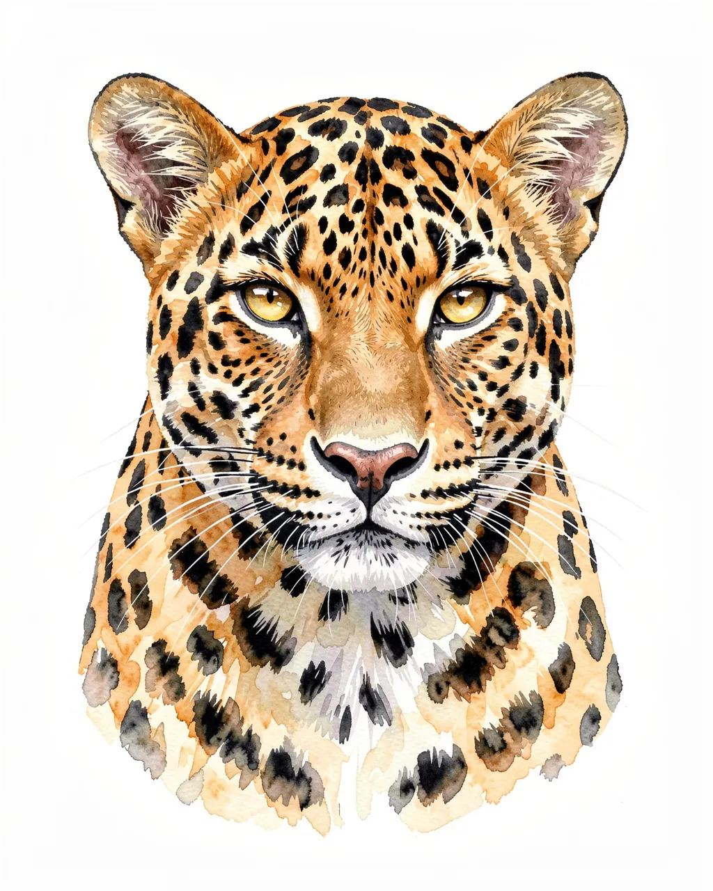 Realistic watercolor close-up portrait of a leopard with golden eyes on a plain white background
