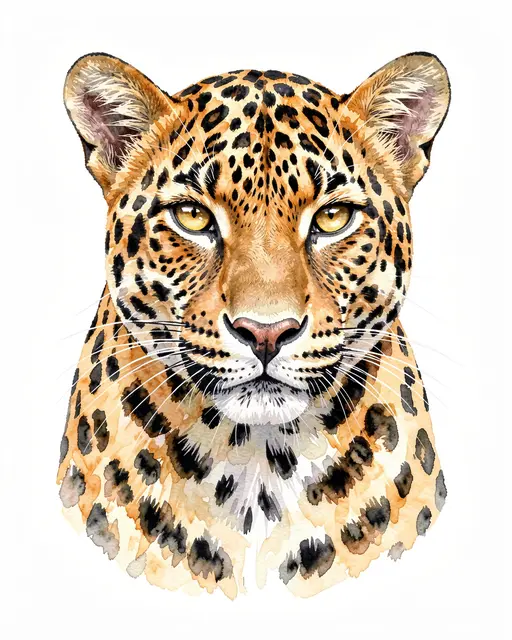 Realistic watercolor close-up portrait of a leopard with golden eyes on a plain white background