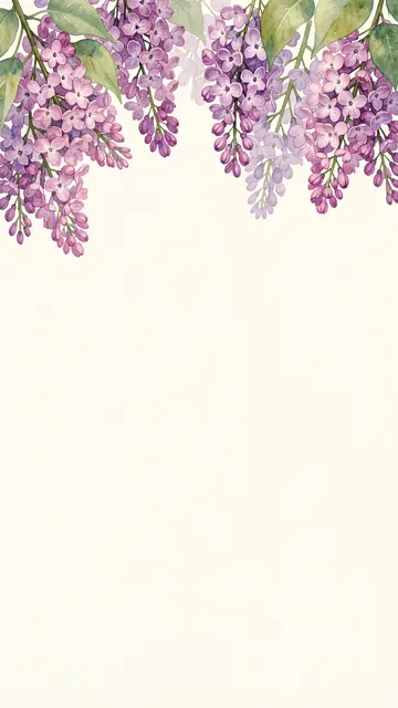 Hanging lilac flower branches frame the top of a pale empty cream background with full copy space below.