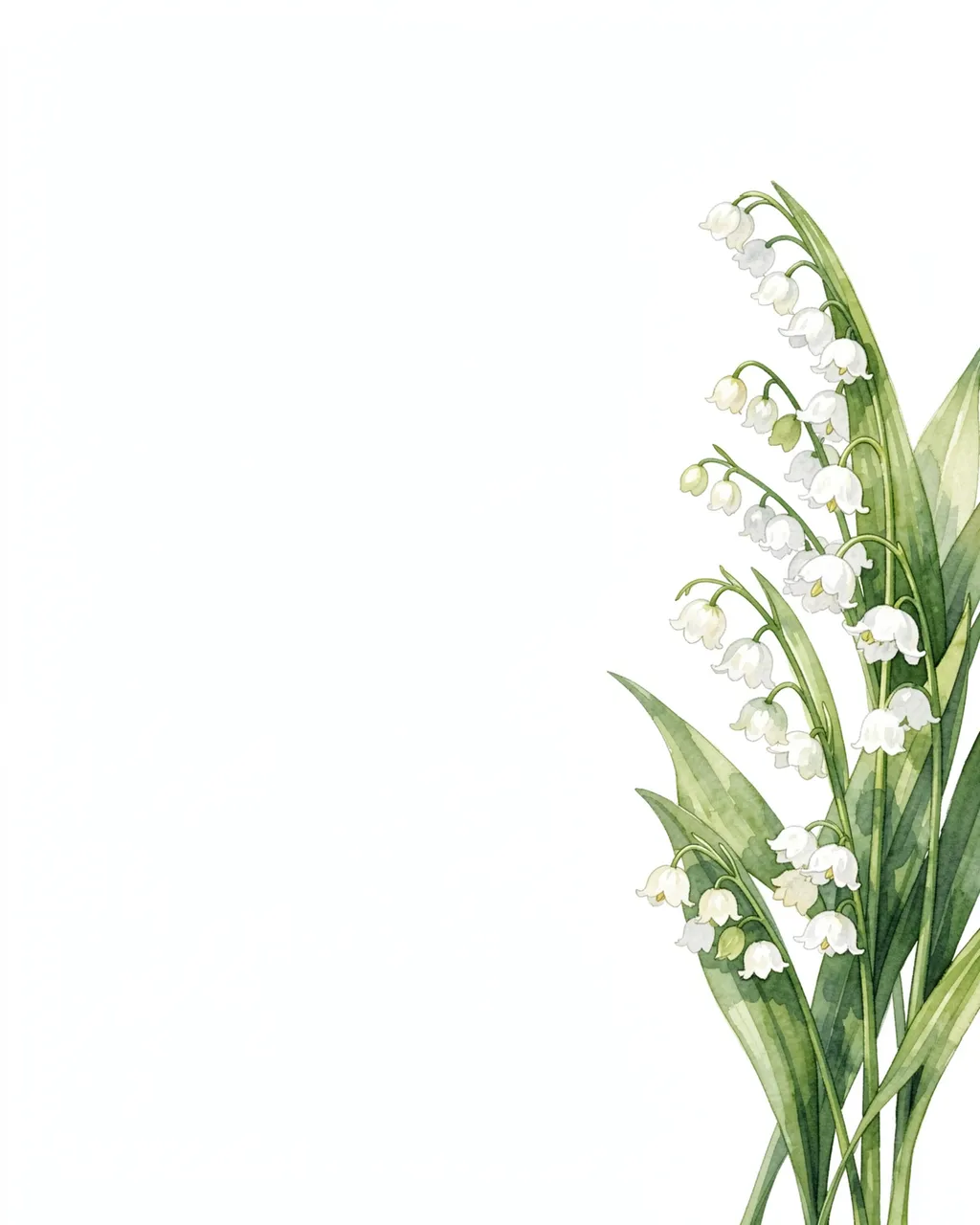 Watercolor illustration of lily of the valley stems arranged along the right edge against empty white copy space.