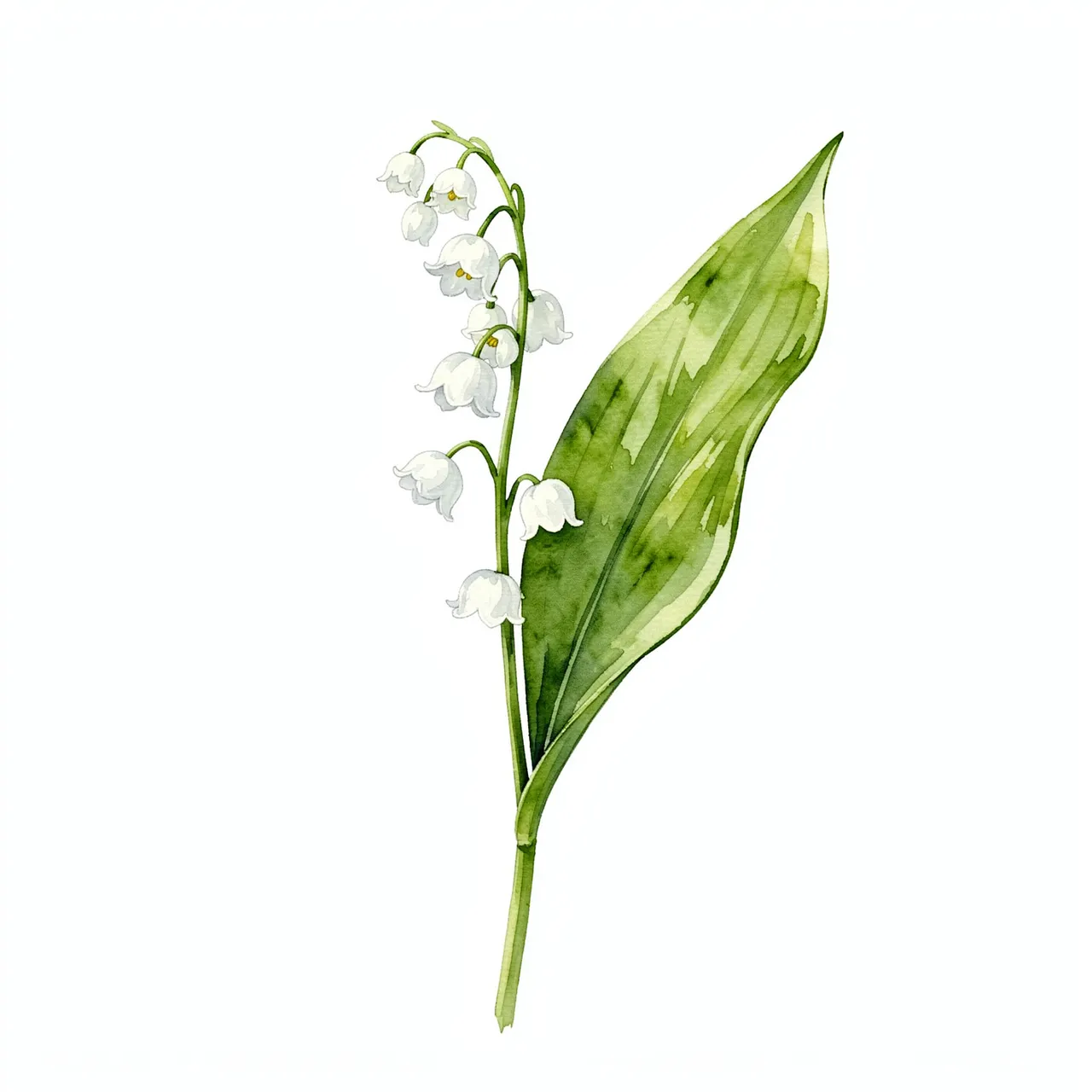A watercolor illustration of a lily of the valley stem with white bell flowers and a green leaf on a plain white background