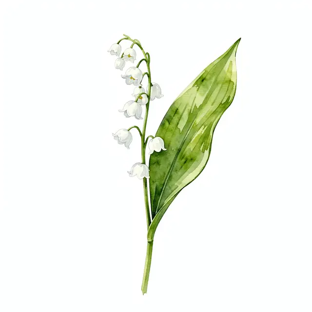 A watercolor illustration of a lily of the valley stem with white bell flowers and a green leaf on a plain white background