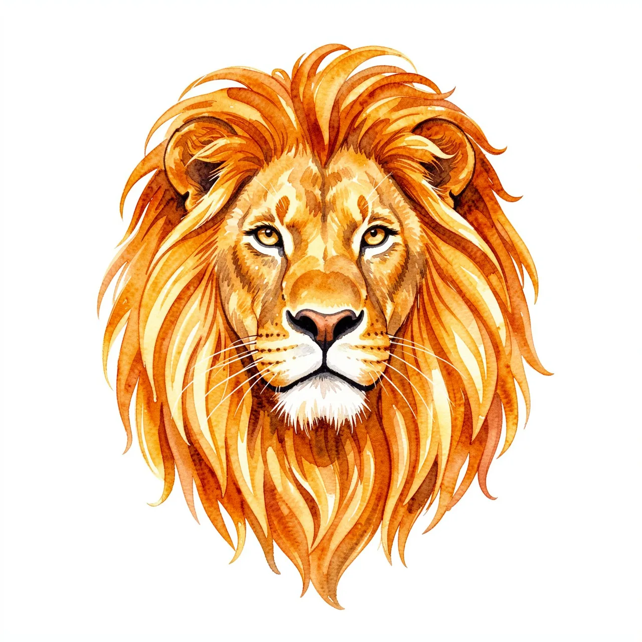 A detailed watercolor illustration of a male lion head with a flowing amber mane on a plain white background