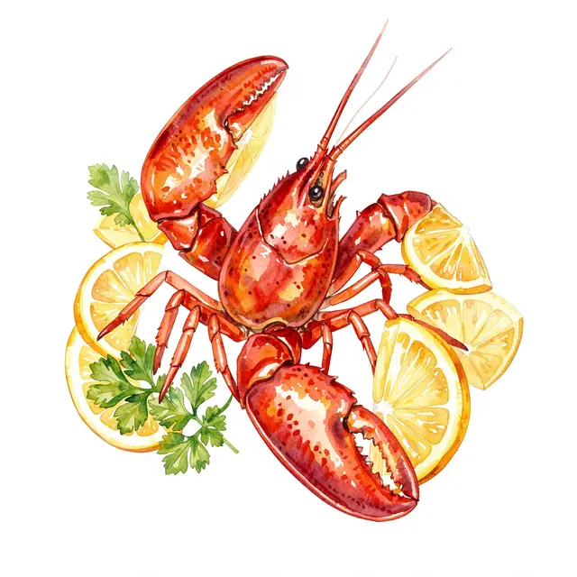 Watercolor illustration of a red cooked lobster arranged with lemon slices and fresh parsley on a plain white background