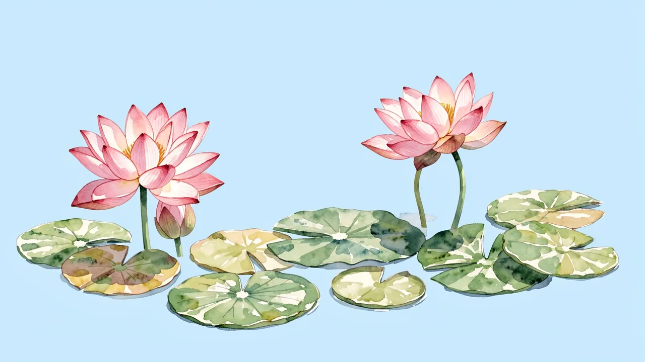 Soft watercolor pink lotus flowers and lily pads arranged along the bottom of a pale blue background