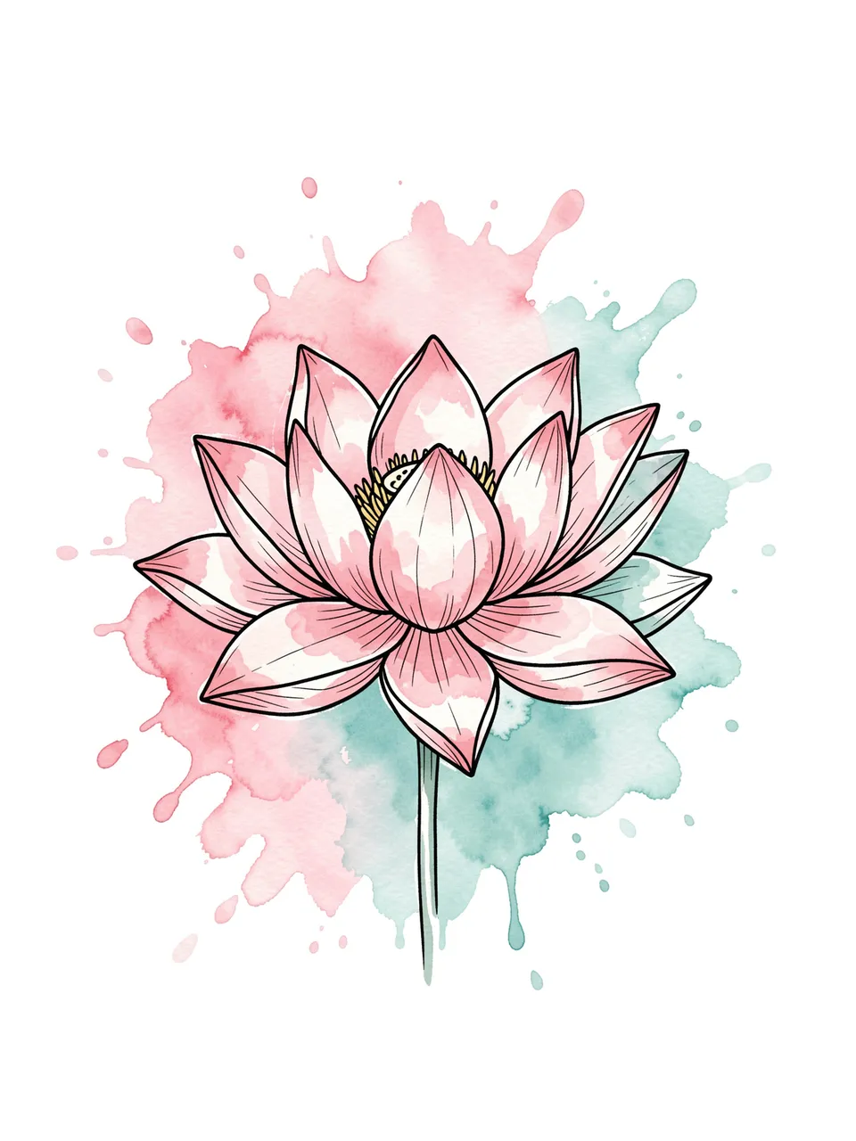 Line art lotus flower with pink watercolor petals set against soft pink and turquoise ink splashes on a white background