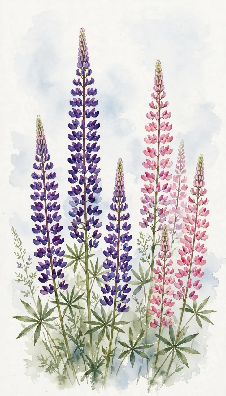 Loose watercolor painting of tall purple and pink lupine stems against a pale soft sky wash