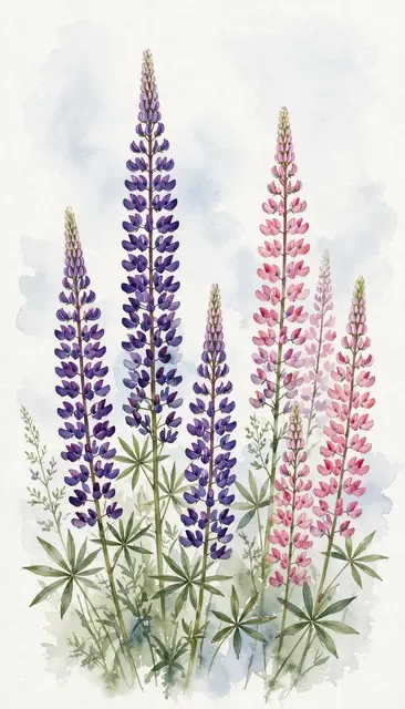 Loose watercolor painting of tall purple and pink lupine stems against a pale soft sky wash