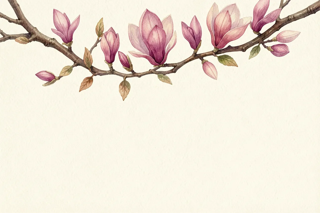 A watercolor illustration of a magnolia branch with pink blooms spanning the top of empty cream textured paper.
