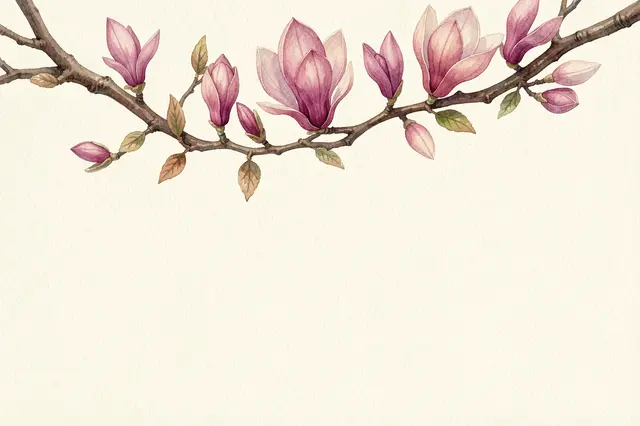 A watercolor illustration of a magnolia branch with pink blooms spanning the top of empty cream textured paper.
