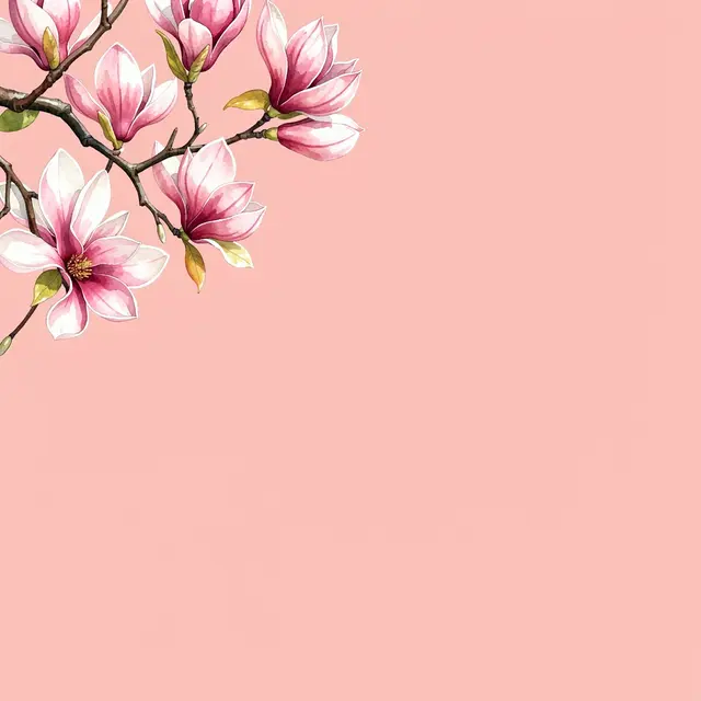 A watercolor magnolia branch with pink blooms extends from the top left of a solid blush pink background.
