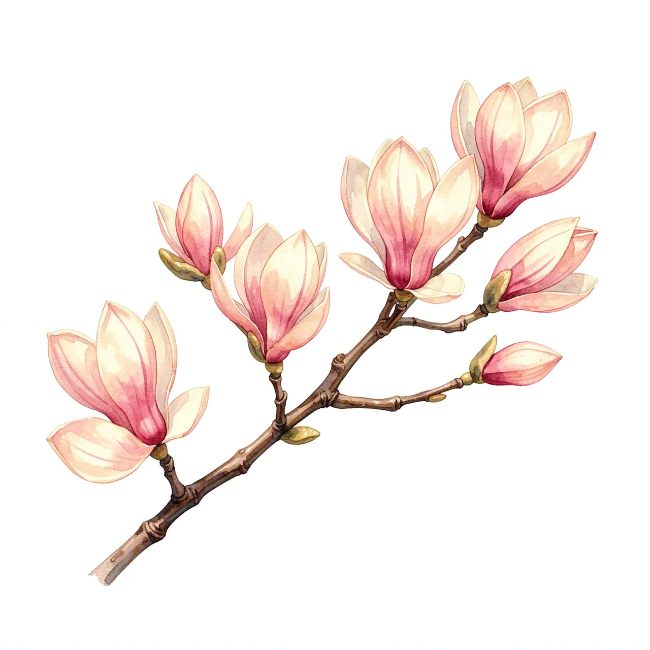 Watercolor illustration of a magnolia branch with pink cream blossoms on a plain white background