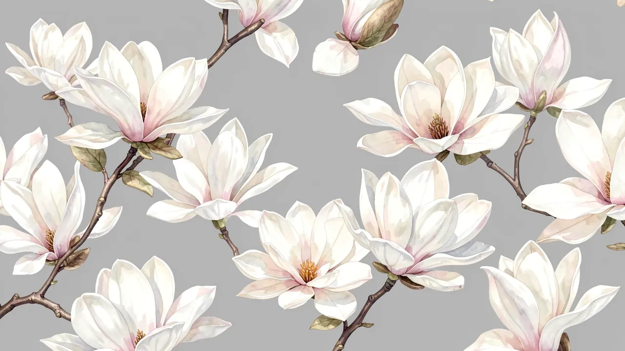 Delicate watercolor white and pale pink magnolia flowers arranged on soft gray background